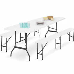 Table pliante portable blanche 1m80 et 2 bancs pliables