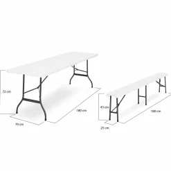 Table pliante portable blanche 1m80 et 2 bancs pliables