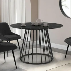 Table ronde à manger 110cm 6 personnes plateau effet marbre noir et pied filaire métal noir