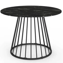 Table ronde à manger 110cm 6 personnes plateau effet marbre noir et pied filaire métal noir