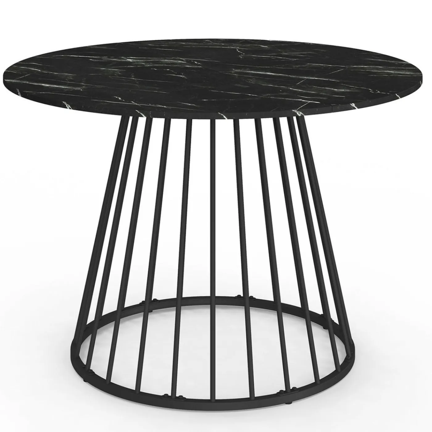 Table ronde à manger 110cm 6 personnes plateau effet marbre noir et pied filaire métal noir