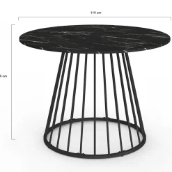 Table ronde à manger 110cm 6 personnes plateau effet marbre noir et pied filaire métal noir