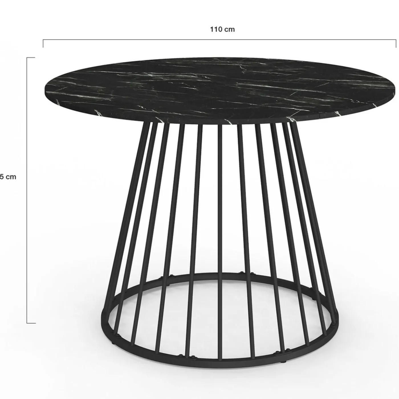Table ronde à manger 110cm 6 personnes plateau effet marbre noir et pied filaire métal noir