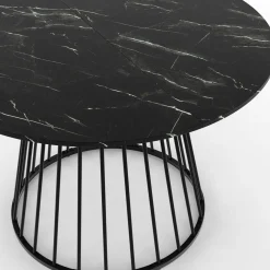 Table ronde à manger 110cm 6 personnes plateau effet marbre noir et pied filaire métal noir