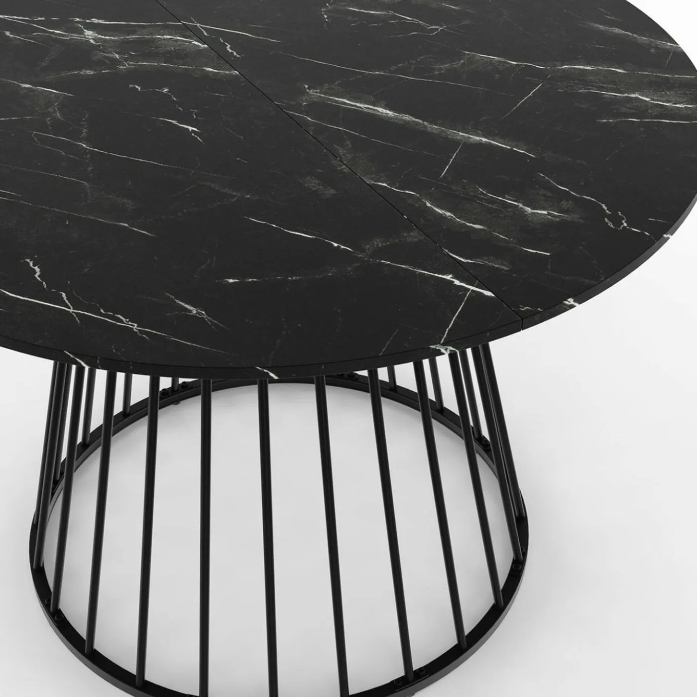 Table ronde à manger 110cm 6 personnes plateau effet marbre noir et pied filaire métal noir