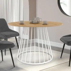 Table ronde à manger 110cm 6 personnes plateau bois et pied filaire métal blanc