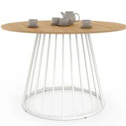 Table ronde à manger 110cm 6 personnes plateau bois et pied filaire métal blanc