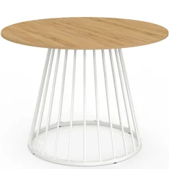 Table ronde à manger 110cm 6 personnes plateau bois et pied filaire métal blanc