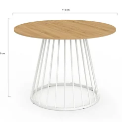 Table ronde à manger 110cm 6 personnes plateau bois et pied filaire métal blanc