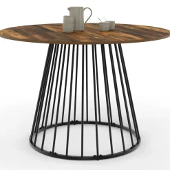 Table ronde à manger 110cm 6 personnes plateau bois foncé et pied filaire métal noir