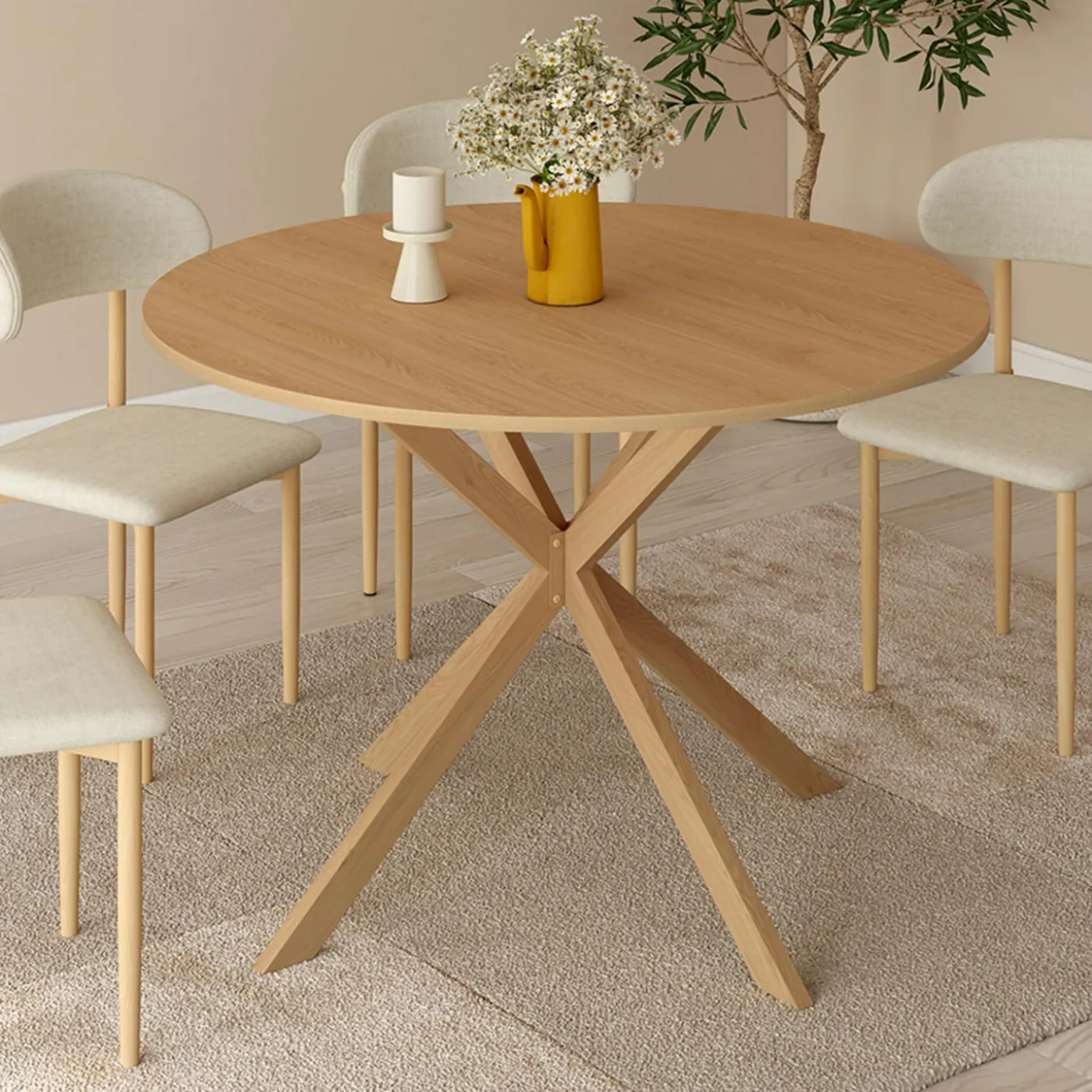 Table ronde 6 personnes bois effet hêtre 6 personnes 110 cm pied araignée