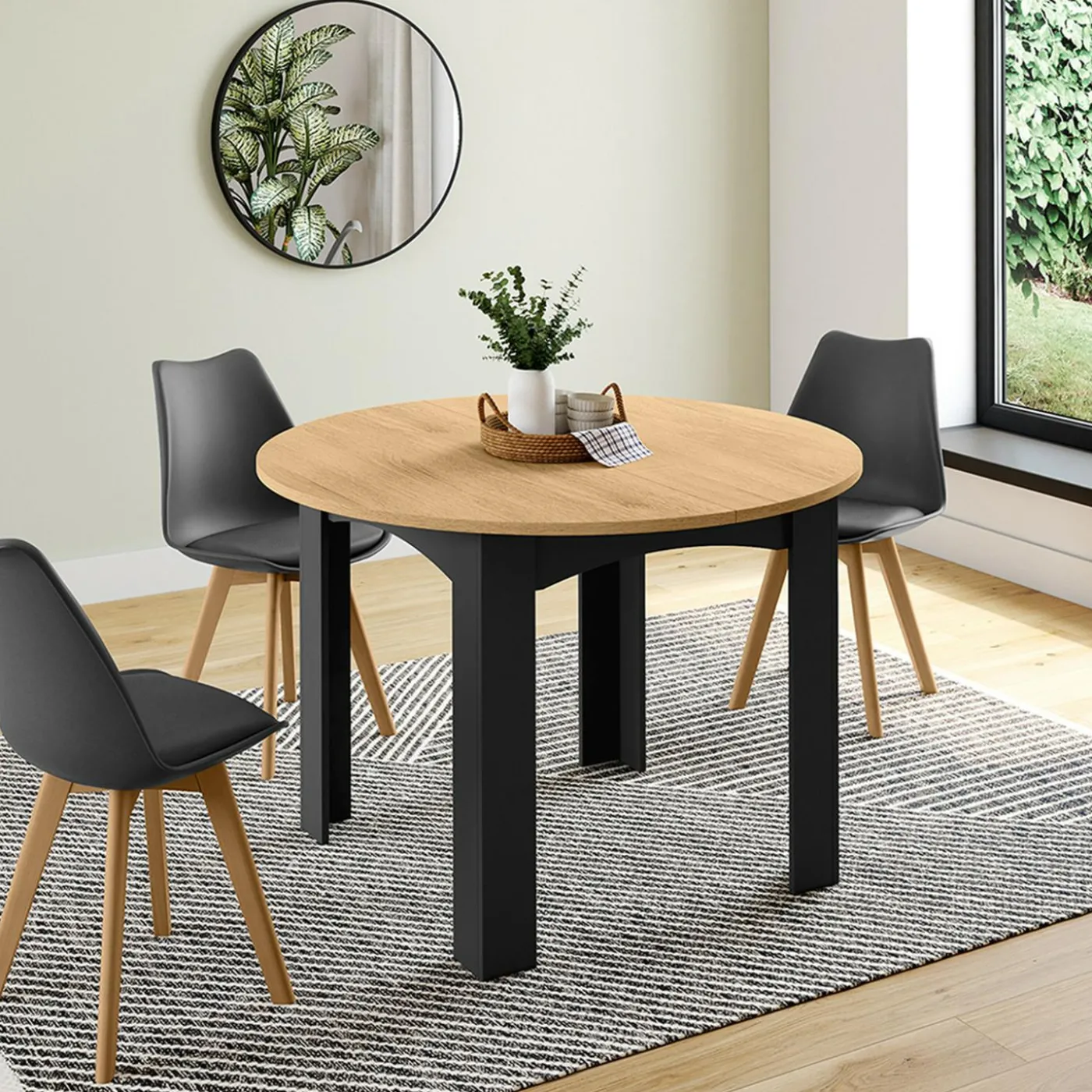 Table ronde extensible 110-200 cm 4-10 personnes plateau façon hêtre pieds noirs