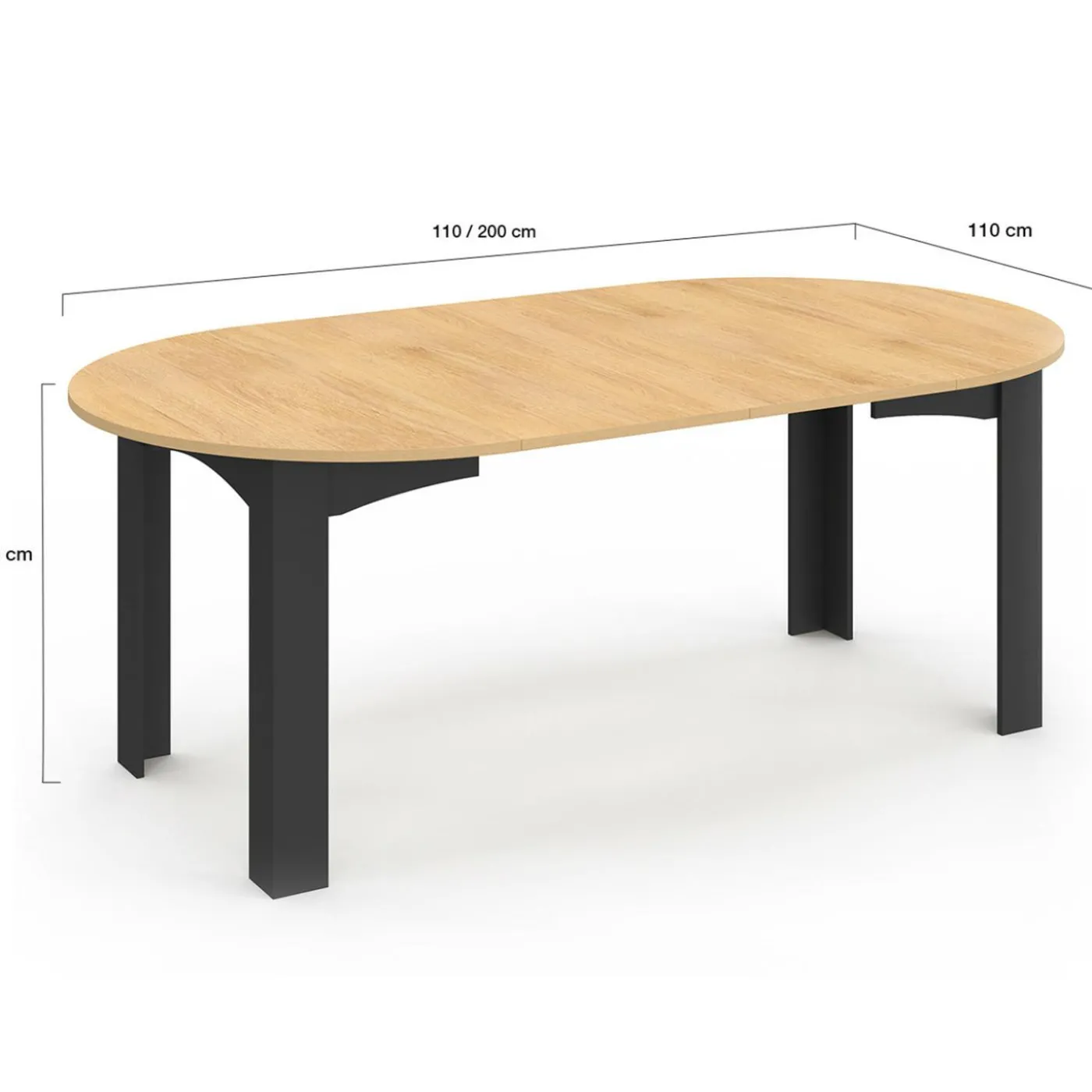 Table ronde extensible 110-200 cm 4-10 personnes plateau façon hêtre pieds noirs