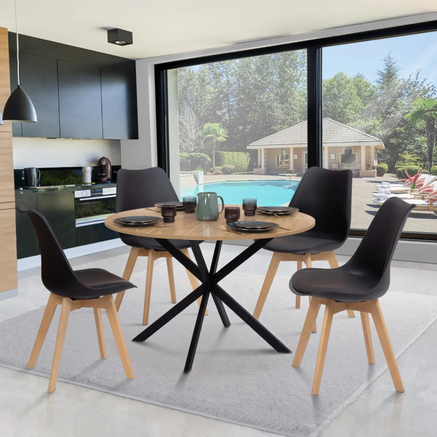 Table ronde noir et bois 4-6 personnes 110cm pied araignée