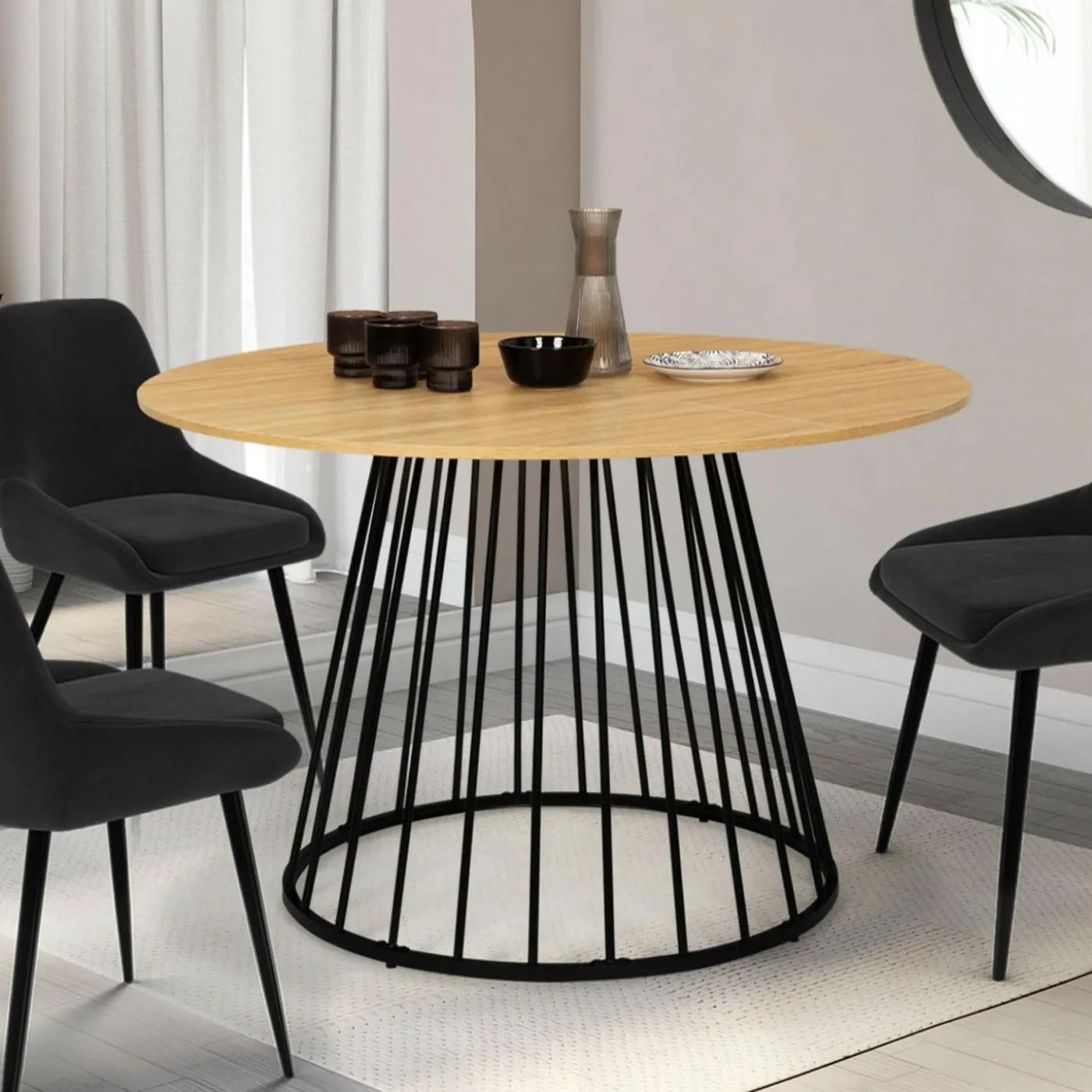 Table ronde pied filaire bois et noir 6 personnes