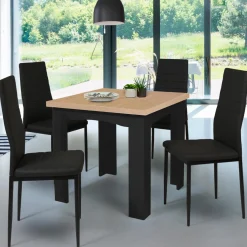 Table salle à manger extensible noire plateau façon hêtre