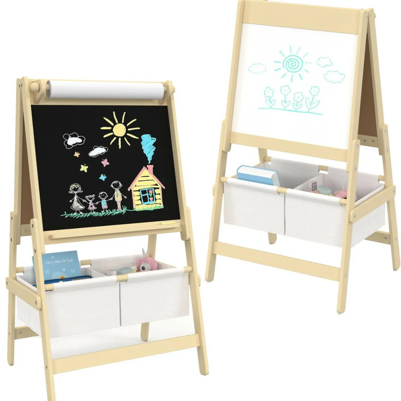 Tableau enfant 3 en 1 chevalet double face avec rouleau de papier et 2 paniers de rangement