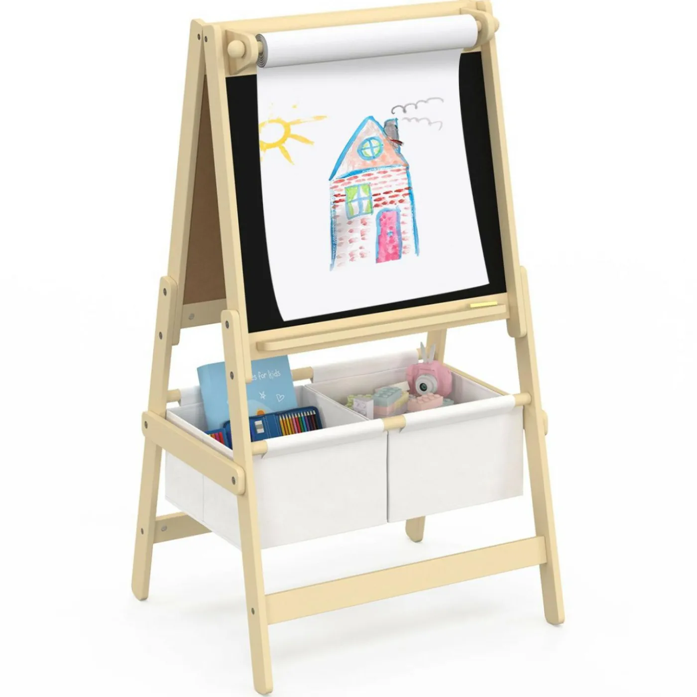 Tableau enfant 3 en 1 chevalet double face avec rouleau de papier et 2 paniers de rangement