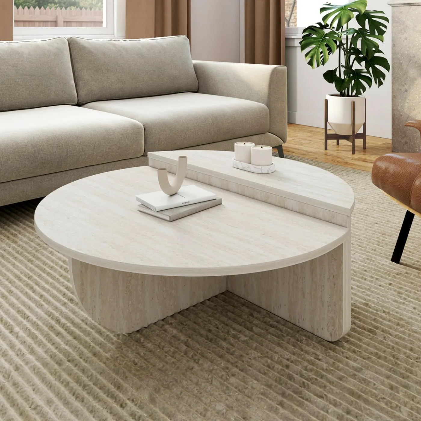 Tables basses rondes effet travertin
