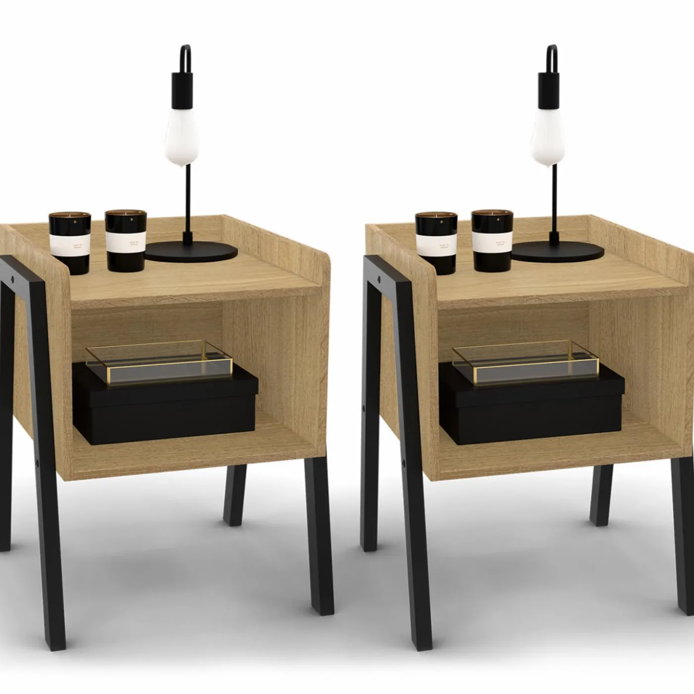 Tables de chevet 1 niche bois et pieds métal noir - lot de 2