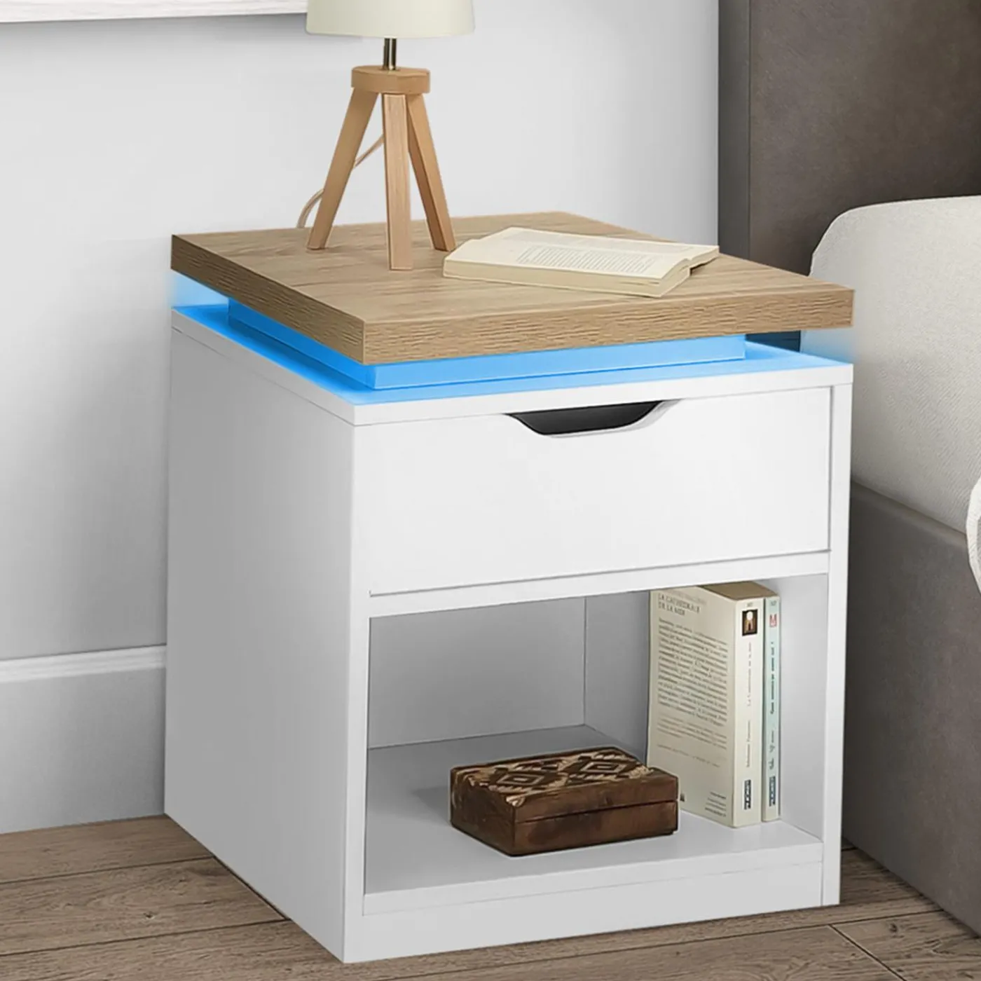 Tables de chevet LED avec tiroir blanc et plateau effet bois