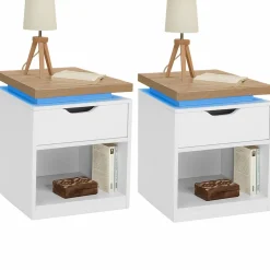 Tables de chevet LED avec tiroir blanc et plateau effet bois