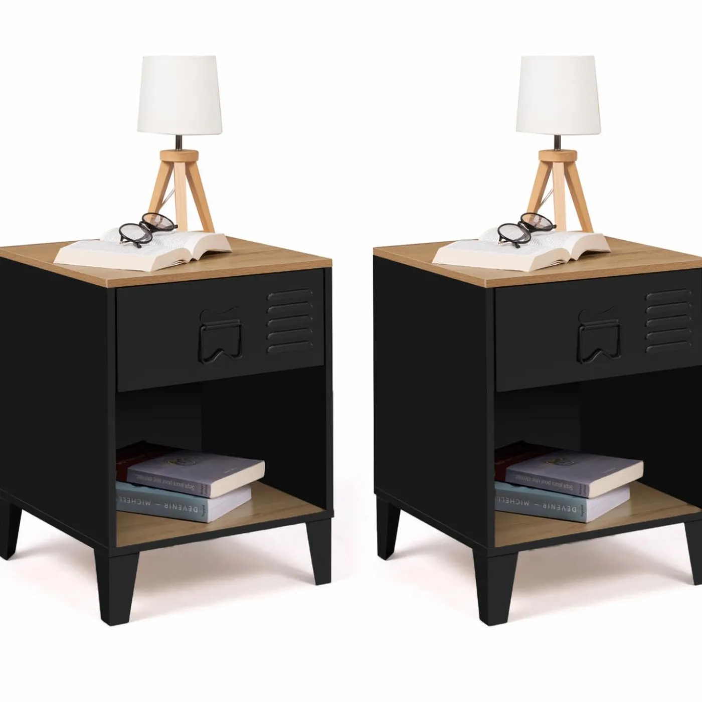 Tables de chevet noires bois façon hêtre et métal style industriel