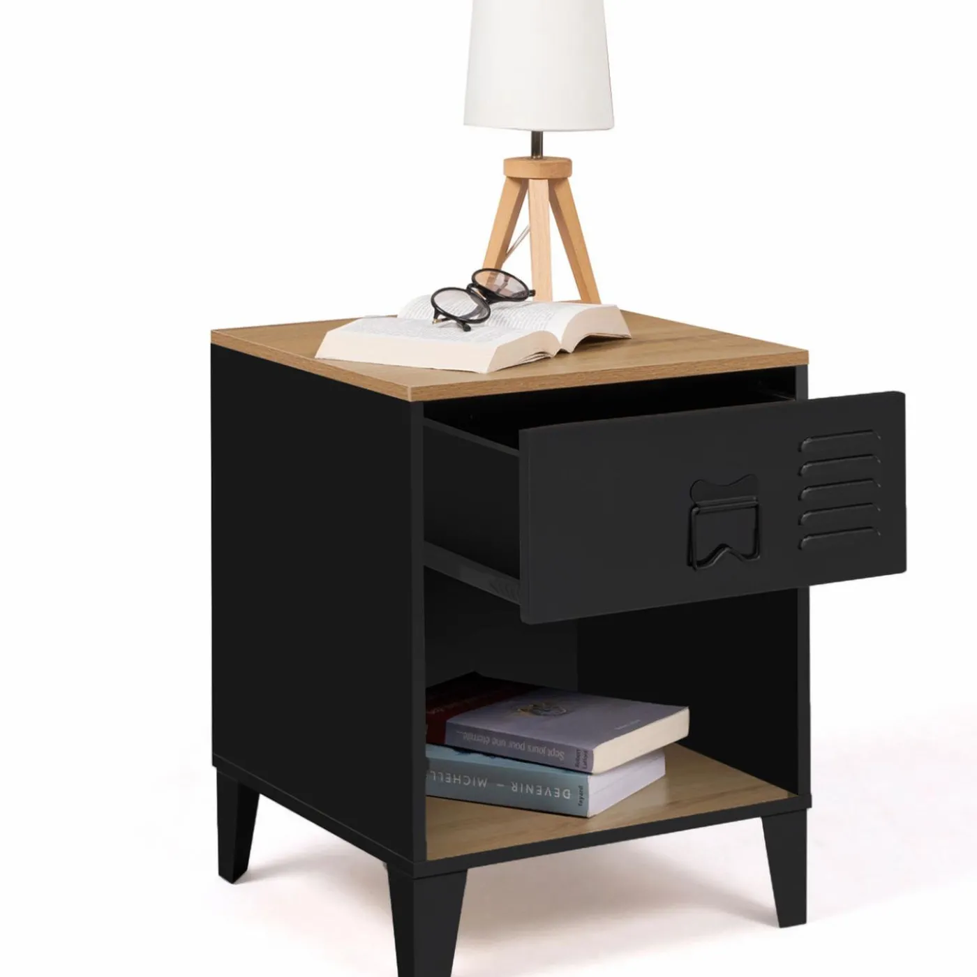 Tables de chevet noires bois façon hêtre et métal style industriel
