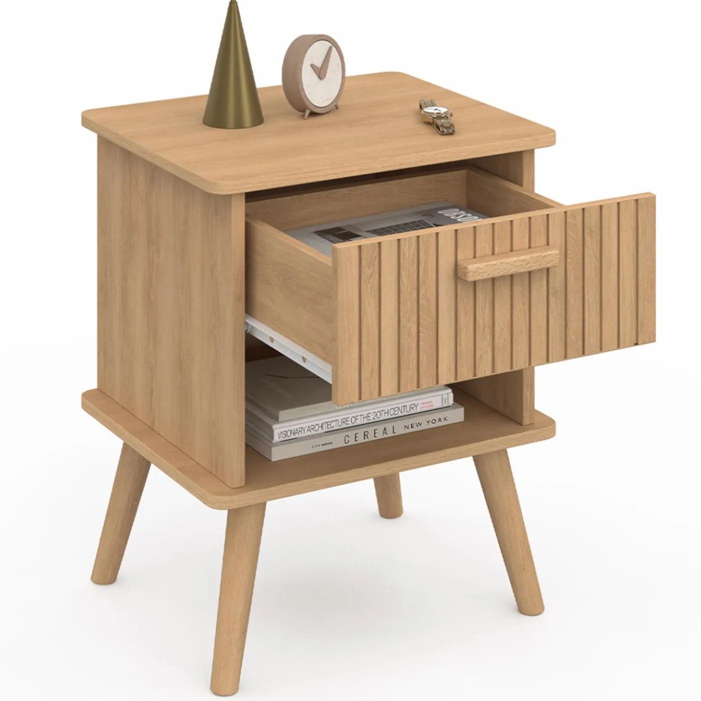 Tables de chevet tasseau bois coloris chêne avec niche + 1 tiroir