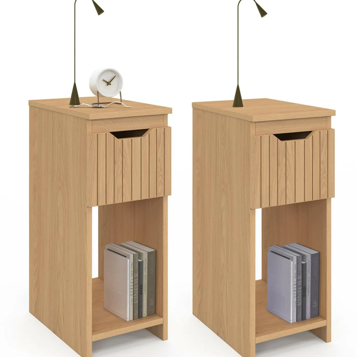 Tables de nuit effet lattes et bois