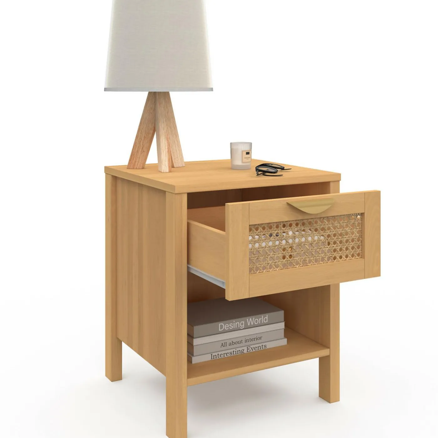 Tables de nuit en bois clair avec un tiroir et une niche