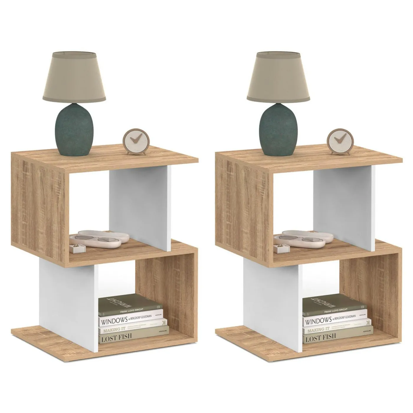 Tables de nuit en forme de S effet hêtre et blanc