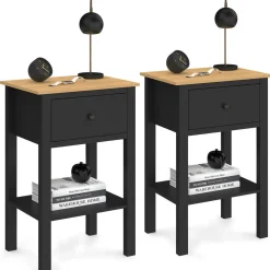 Tables de nuit noire et bois avec tiroir et tablette