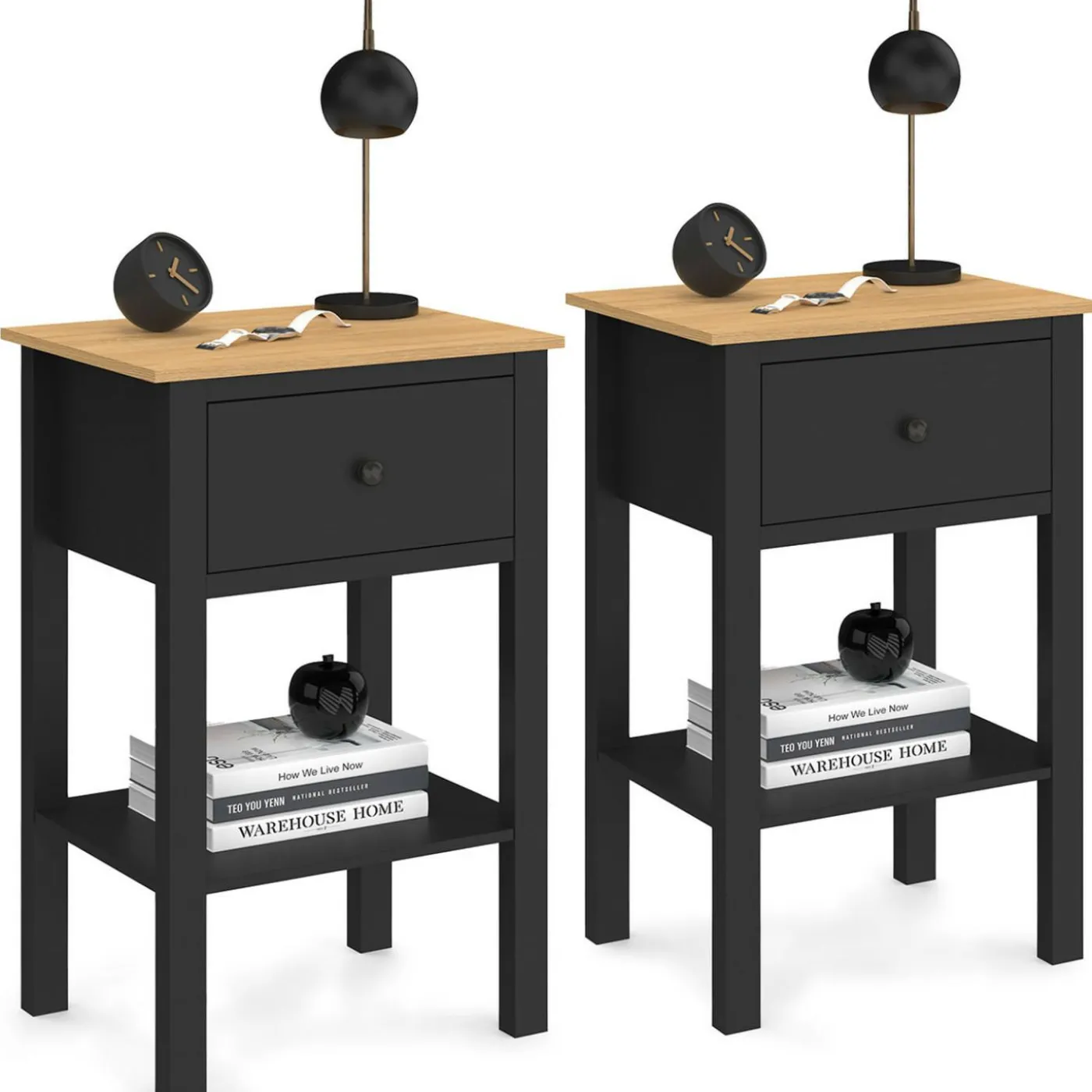 Tables de nuit noire et bois avec tiroir et tablette