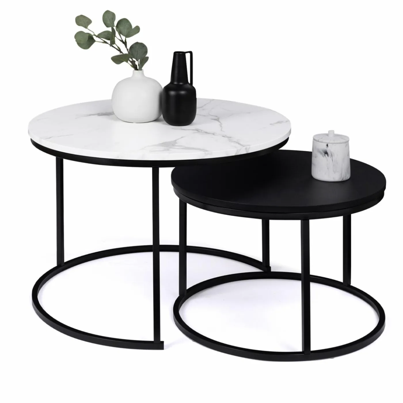 Tables gigognes rondes effet marbre et bois noir