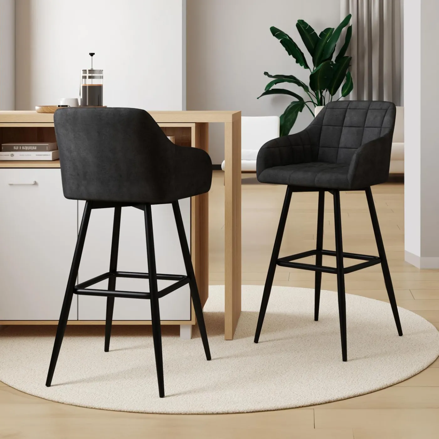 Tabourets de bar en velours gris foncé avec accoudoirs : lot de 2