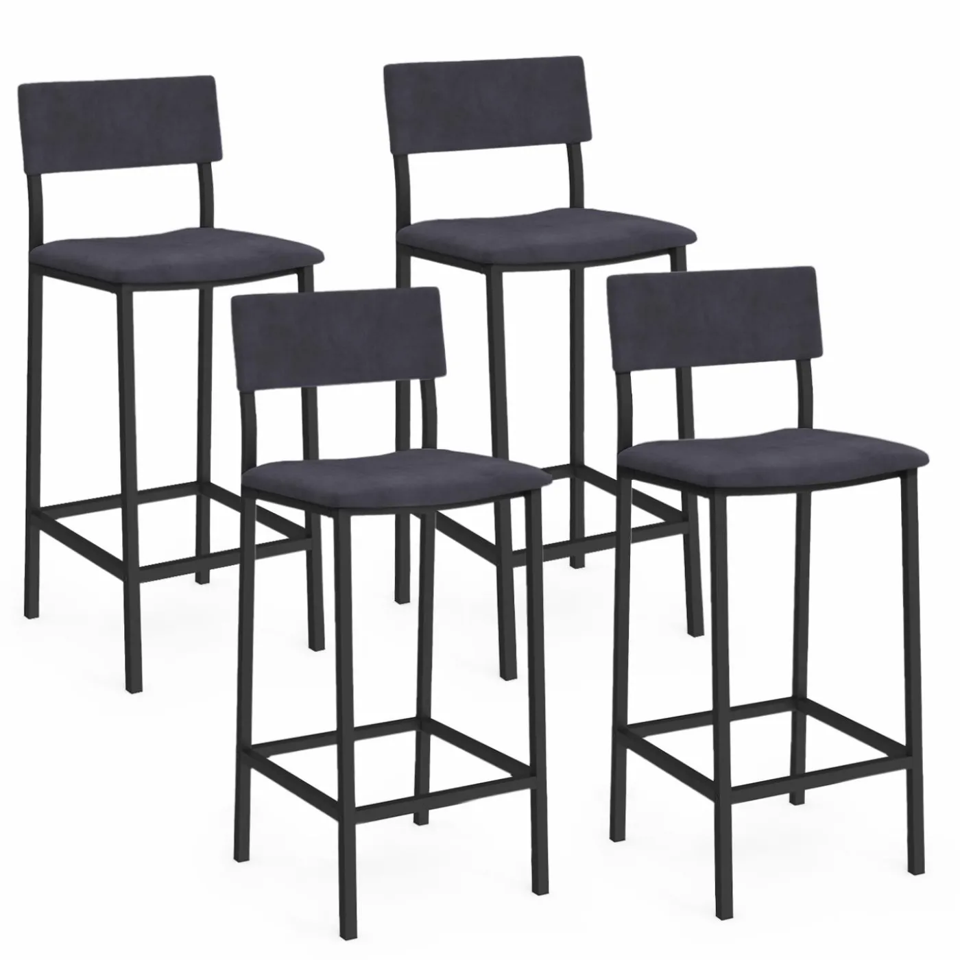 Tabourets de bar en velours et métal gris anthracite : lot de 4