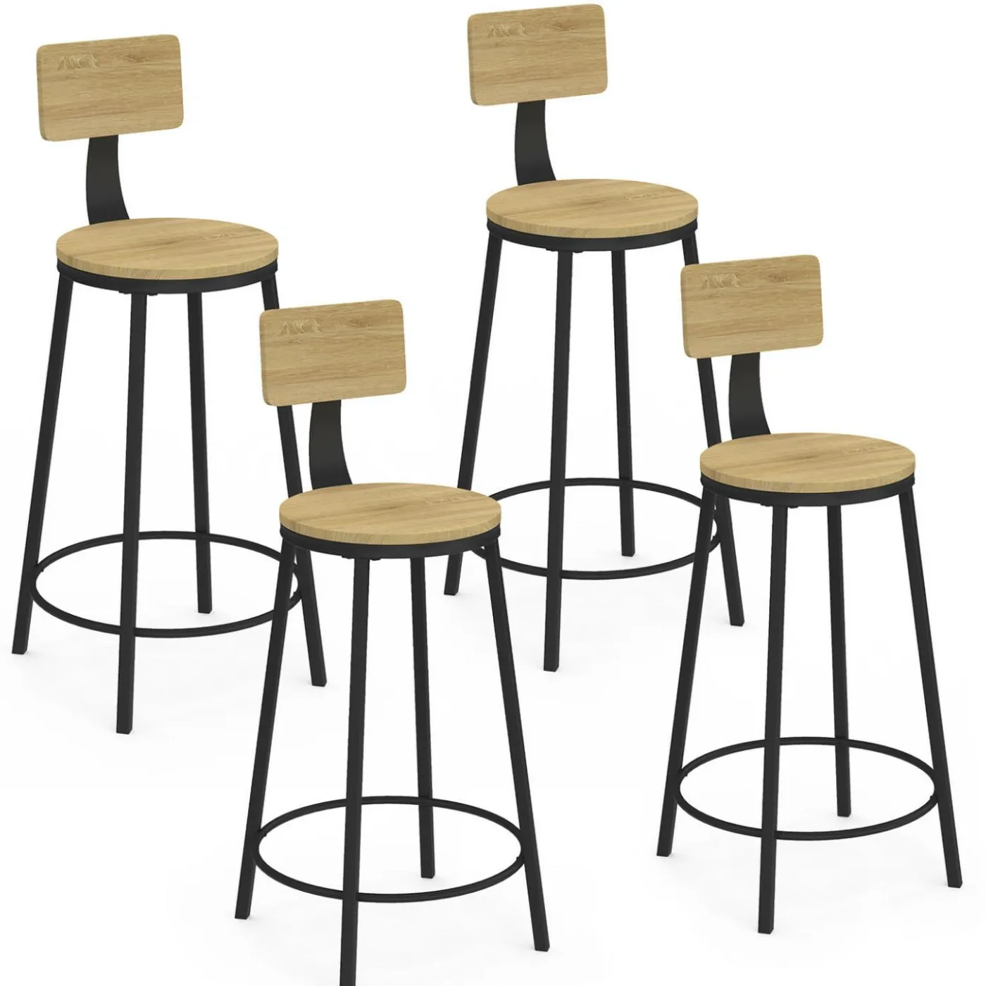 Tabourets de bar industriel avec dossier bois et métal noir
