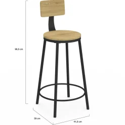 Tabourets de bar industriel avec dossier bois et métal noir