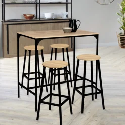 Tabourets de bar ronds bois et métal noir x4