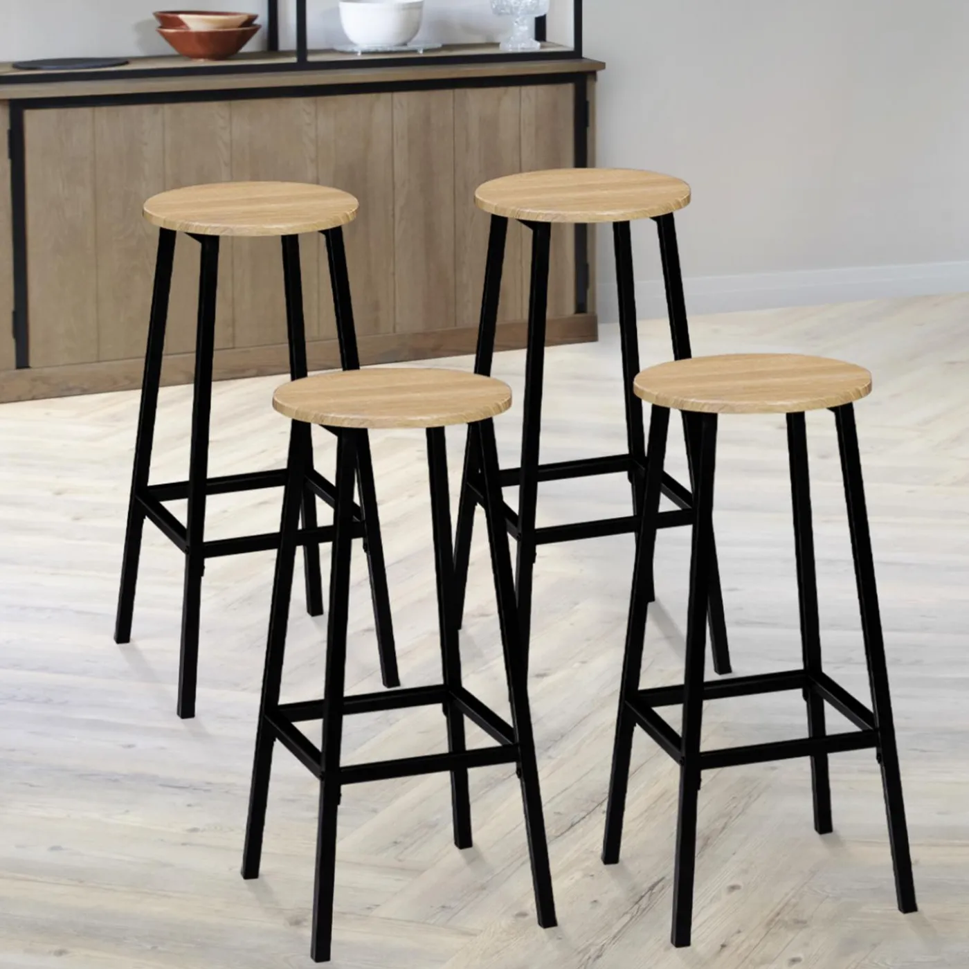 Tabourets de bar ronds bois et métal noir x4