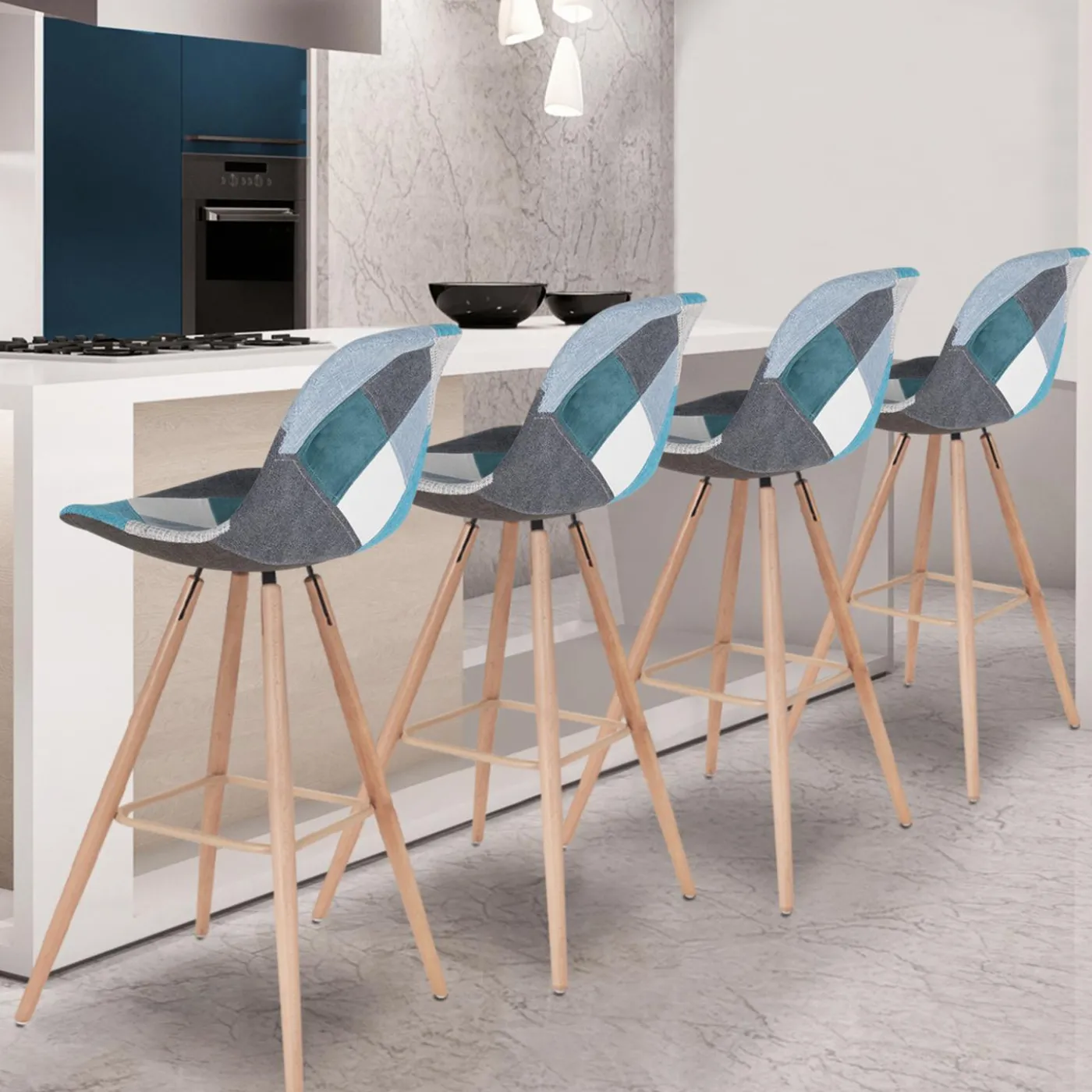 Tabourets de bar scandinaves bleu patchwork
