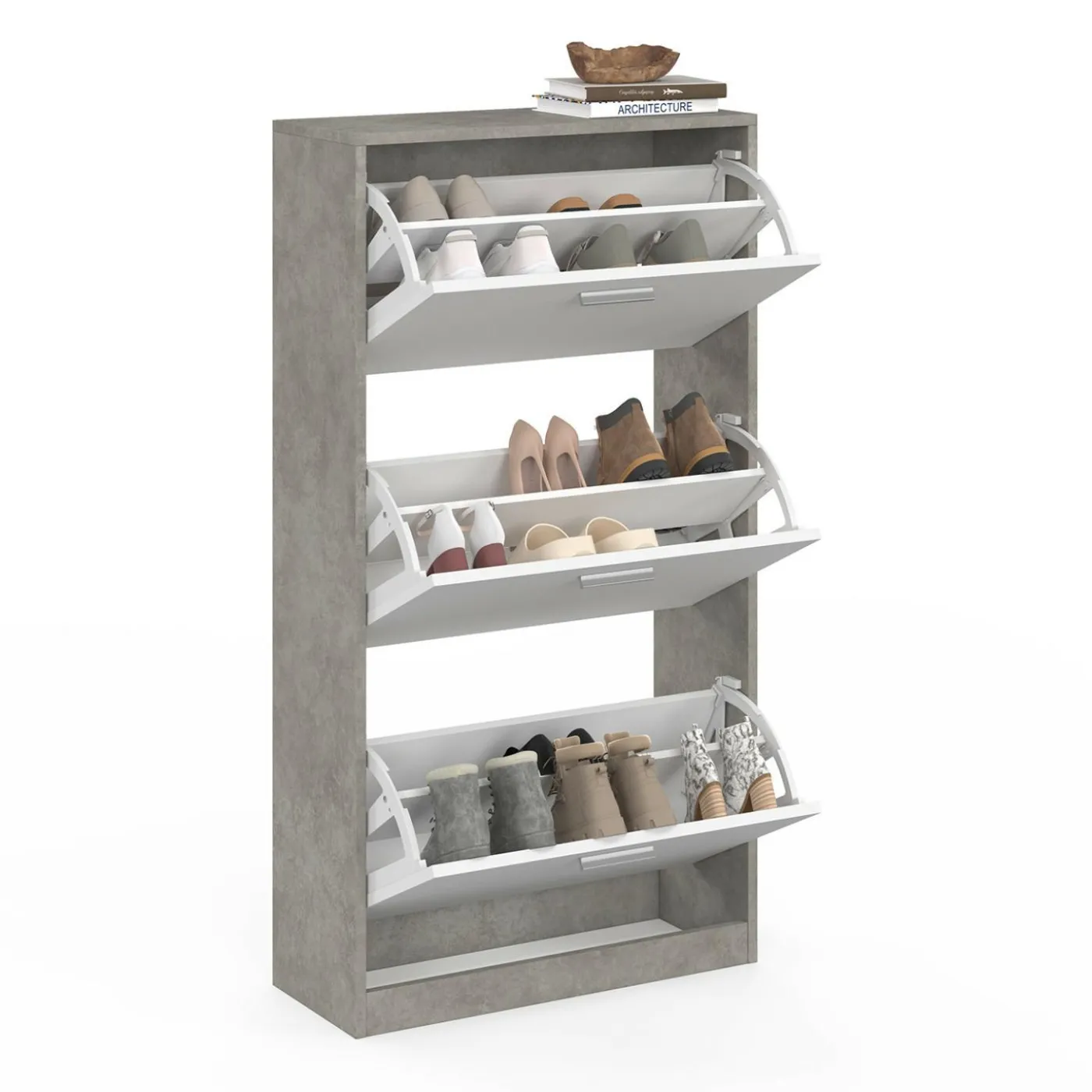 Étagère à chaussures grise 3 portes blanches