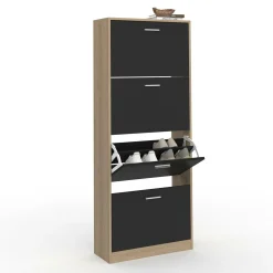 Étagère à chaussures imitation hêtre avec 4 portes noires