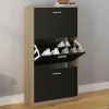 Étagère à chaussures imitation hêtre et portes noires