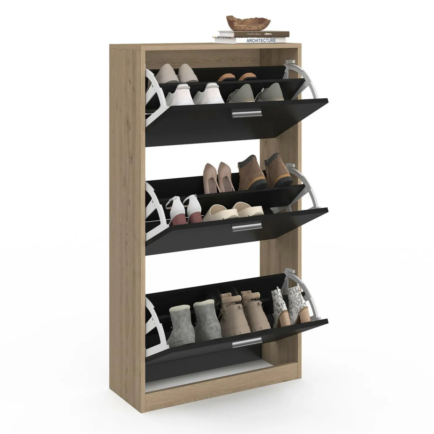 Étagère à chaussures imitation hêtre et portes noires