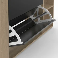 Étagère à chaussures imitation hêtre avec 2 portes noires
