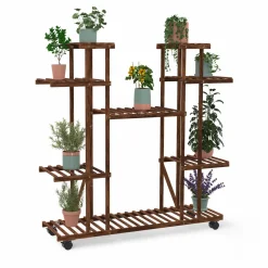 Étagère à pots de fleurs en bois de sapin 8 niveaux et roulettes