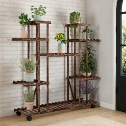 Étagère à pots de fleurs en bois de sapin 8 niveaux et roulettes