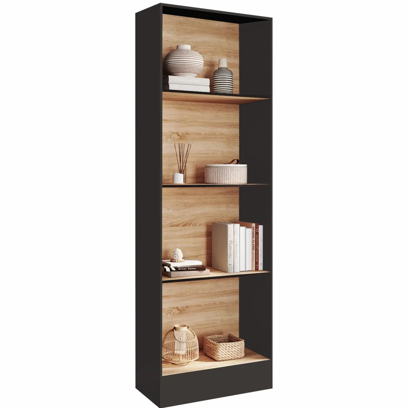 Étagère bibliothèque 5 niveaux noir et effet bois H.190cm